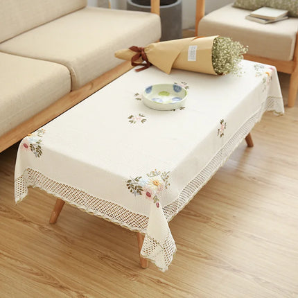 Europe Flowers White Hollow Lace Tablecloth Cotton Linen Dustproof Dining Table