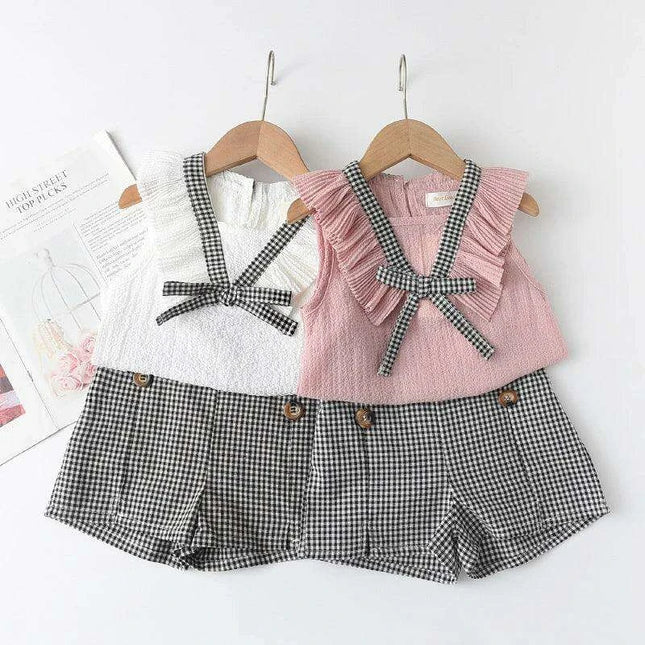 Toddler Girls' Stylish Summer Chiffon Top and Plaid Shorts Ensemble 2-6 Years