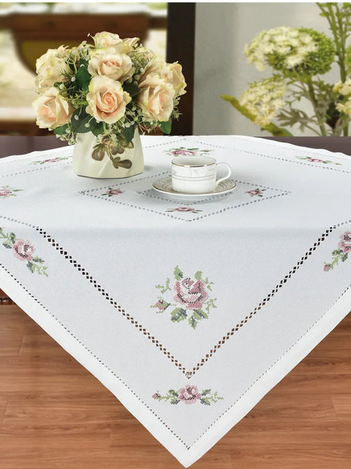 Romantic Rose Cross-Stitch Linen Table Runner & Tablecloth - White/Champagne