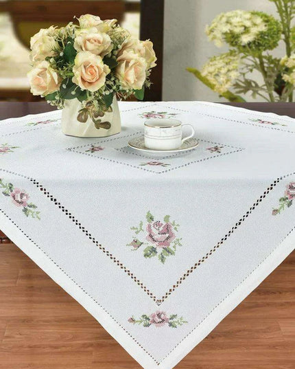Romantic Rose Cross-Stitch Linen Table Runner & Cloth Set - White/Champagne