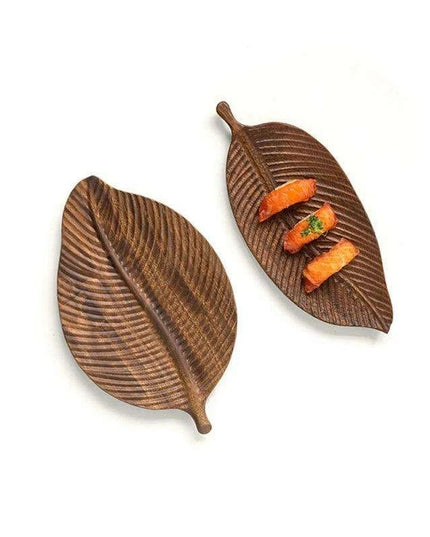 Elegant Leaf-Shaped Walnut Rubber Wood Serving Trays for Luxurious Dining