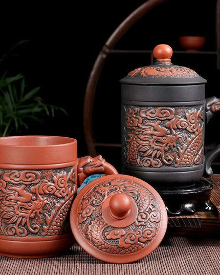 Exquisite Purple Clay Tea Mug with Vintage Dragon & Phoenix Design for Discerning Tea Aficionados