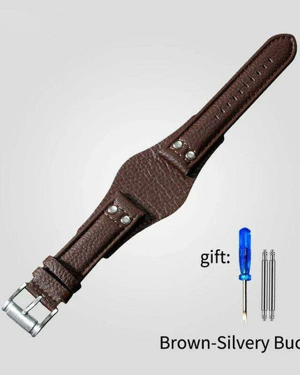 22mm Luxurious Black/Brown Riveted Leather Strap for Fossil Watches
