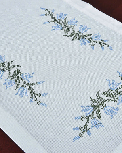 Elegant Blue Harebell Floral Embroidered Table Runner - Luxurious Cotton Home Accent