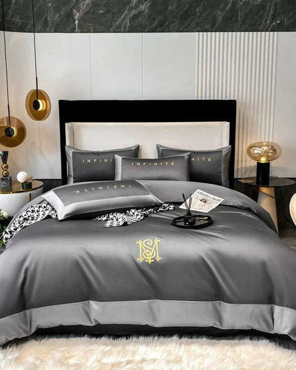 Elegant Gray 60S Egyptian Cotton Luxury Bedding Set with Intricate Embroidery - Duvet Cover, Sheet & Pillowcases