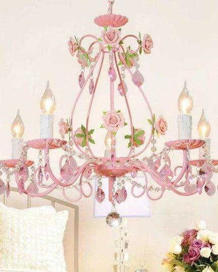 Chic Pink Crystal Pendant Light - Modern Iron Chandelier for Stylish Girls' Bedrooms and Living Areas with E14 LED Compatibility