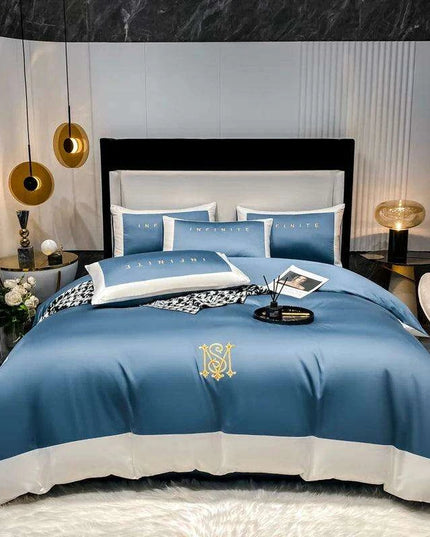 Elegant Gray 60S Egyptian Cotton Luxury Bedding Set with Intricate Embroidery - Duvet Cover, Sheet & Pillowcases