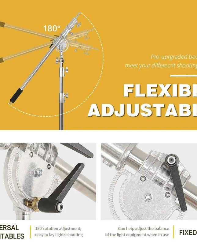Professional Adjustable Stainless Steel Light Stand with Boom Arm & Sandbag - 2.49M Height