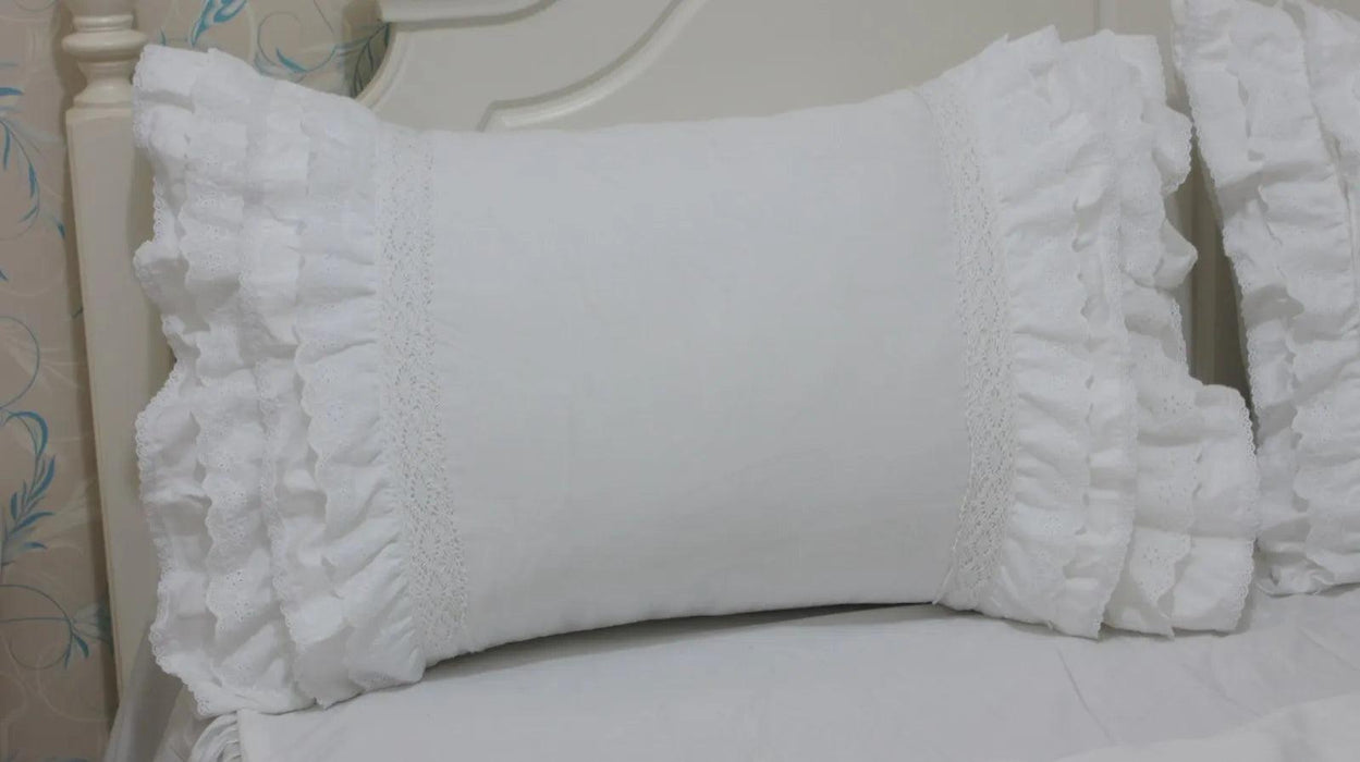 Luxurious White Cotton Bedding Set with Elegant Lace Details and Embroidered Ruffles