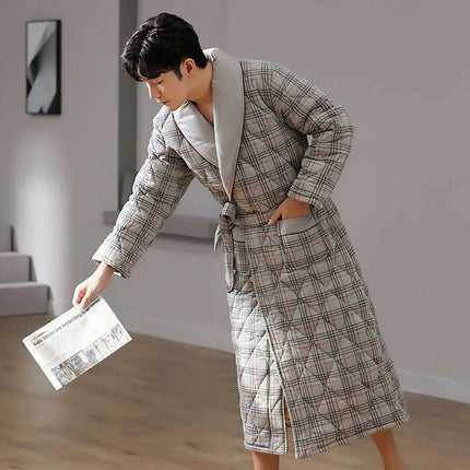 Men's Elegant Plaid Kimono Robe - Superior Cotton Lounge Wear for Chilly Seasons