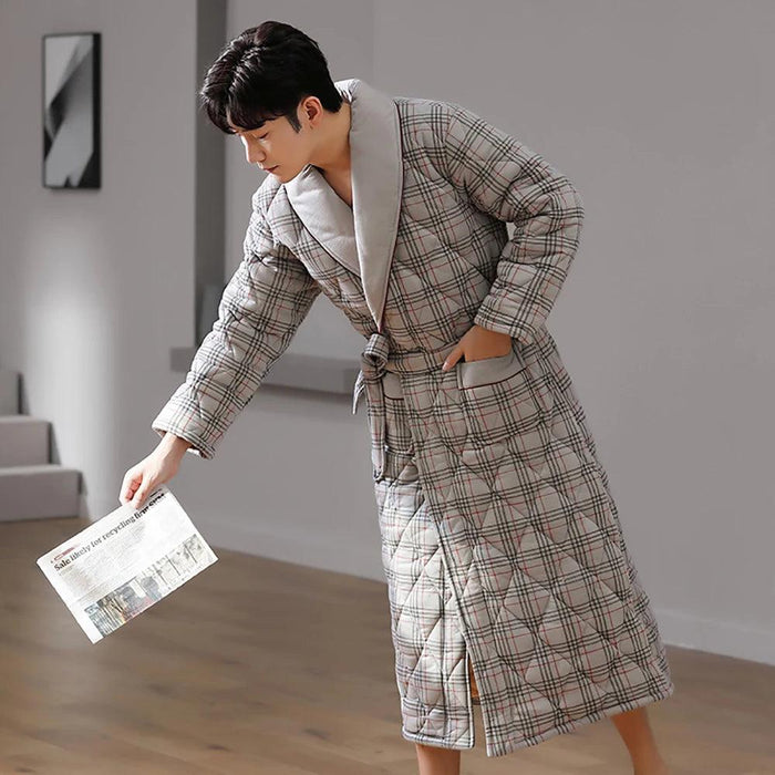 Stylish Men's Plaid Robe – Cozy Autumn & Winter Long Bathrobe in Soft Cotton, Breathable