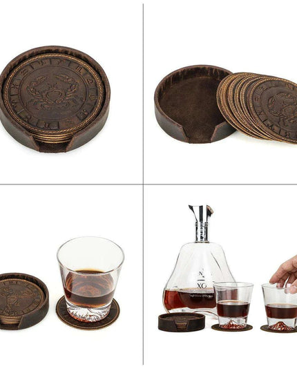 Astrological Elegance Leather Drink Coasters - Set of 6 with Distinct Zodiac Patterns