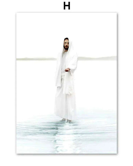 Divine Coastal Serenity: Christ Jesus Nordic Canvas Art for Spiritual Spaces