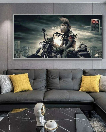 Whimsical Monkey on a Motorcycle Canvas Art - Bold and Playful Wall Decor for Unique Spaces