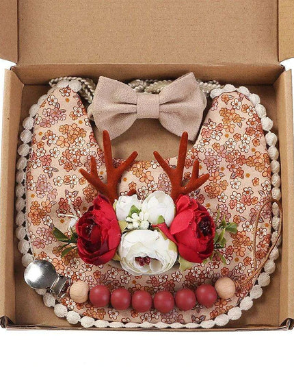 Chic Floral Baby Care Set: Bib, Headband, and Silicone Pacifier Clip in Festive Gift Box