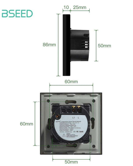 Touch Control Dual Location Stair Light Switch with Crystal Glass Panel in Modern White and Grey