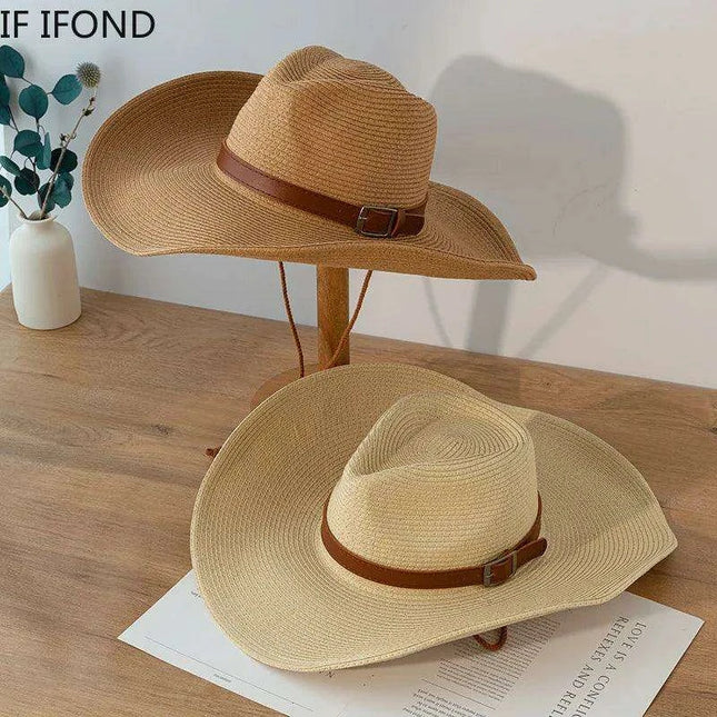 Chic Unisex Wide Brimmed Cowboy Hat in Natural Paper - Perfect Summer Panama Sun Cap for Beach and Outdoor Adventures