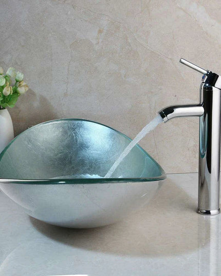 Sleek Chrome Faucet and Oval Glass Sink Ensemble with Pop-Up Drain Assembly