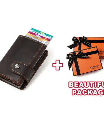 RFID Blocking Crazy Horse Leather Men's Card Wallet with Push-Button Ejection and Money Clip