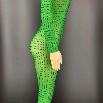 Emerald Diva Rhinestone Showstopper Set: Green Long Coat & Bodycon Jumpsuit for Female Performers