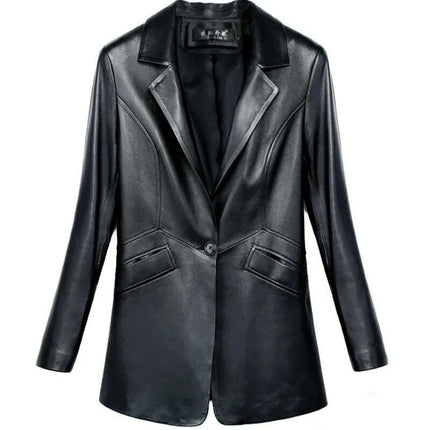 Sophisticated Korean Sheepskin Leather Blazer for Women - Trendy Mid-Length Fashion Coat