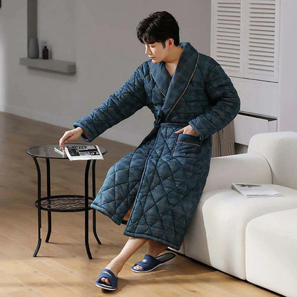 Men's Elegant Plaid Kimono Robe - Superior Cotton Lounge Wear for Chilly Seasons