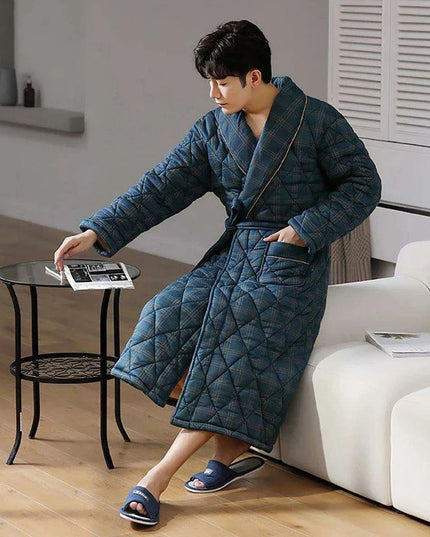Men's Elegant Plaid Kimono Robe - Superior Cotton Lounge Wear for Chilly Seasons