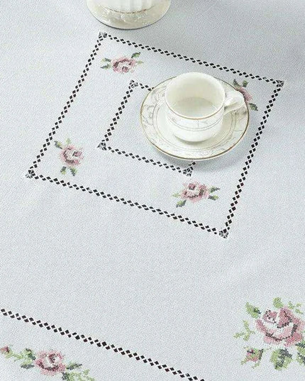 Romantic Rose Cross-Stitch Linen Table Runner & Cloth Set - White/Champagne