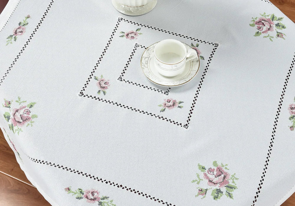 Elegant Rose Cross-Stitch Linen Table Runner Set - White/Champagne