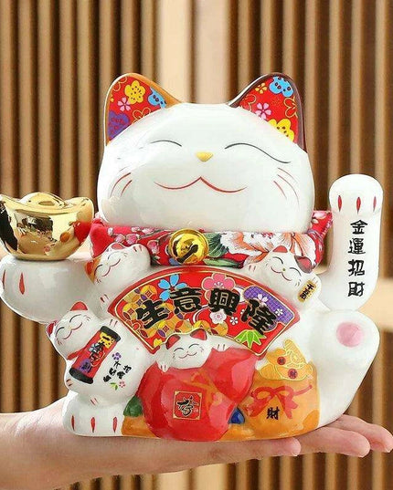 Ceramic 7.5-Inch Maneki Neko Cat Figurine with Swinging Arm for Attracting Abundance and Good Fortune