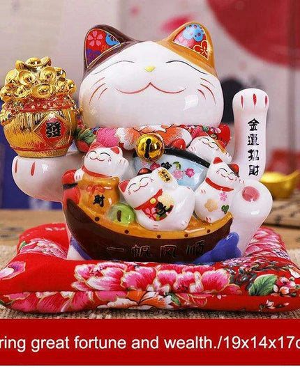 Ceramic 7.5-Inch Maneki Neko Cat Figurine with Swinging Arm for Attracting Abundance and Good Fortune