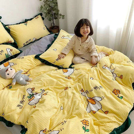 Opulent Velvet Striped Fleece Bedding Ensemble - 3 or 4 Piece Set with Ruffled Duvet Cover and Flannel Sheets