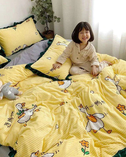 Opulent Velvet Striped Fleece Bedding Ensemble - 3 or 4 Piece Set with Ruffled Duvet Cover and Flannel Sheets