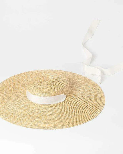 Stylish Wide Brim Straw Hat with Ribbon Tie for Women - 15cm Beach Cap in White and Black