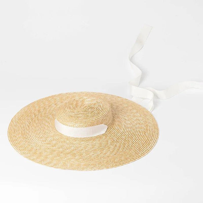 Stylish Wide Brim Straw Hat with Ribbon Tie for Women - 15cm Beach Cap in White and Black