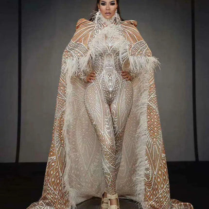 Dazzling Feathered Performance Outfit: Custom 3D Printed Jumpsuit with Stretch Bodysuit