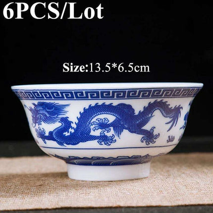 Set of 6 Elegant Blue and White Porcelain Ramen Bowls Featuring Vintage Chinese Dragon Design