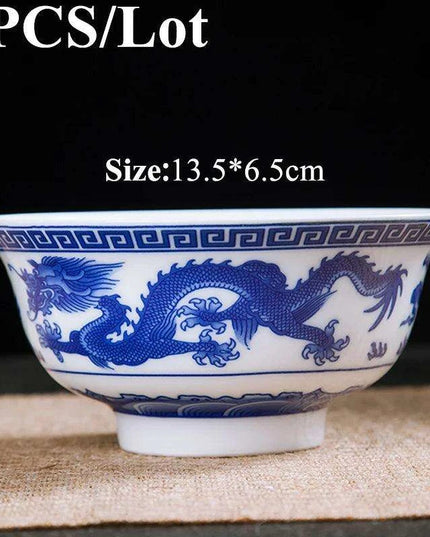 Set of 6 Elegant Blue and White Porcelain Ramen Bowls Featuring Vintage Chinese Dragon Design