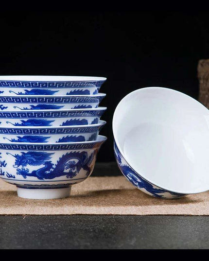 Set of 6 Elegant Blue and White Porcelain Ramen Bowls Featuring Vintage Chinese Dragon Design