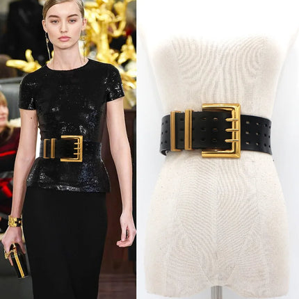Two-Layer Cowhide Wide Belt with Bronze Buckle — 5.8cm Women’s Leather