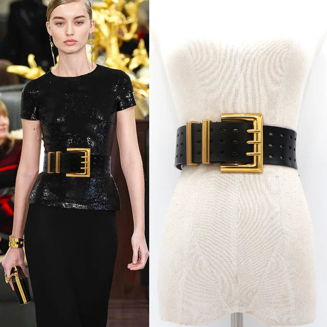 Two-Layer Cowhide Wide Belt with Bronze Buckle — 5.8cm Women’s Leather