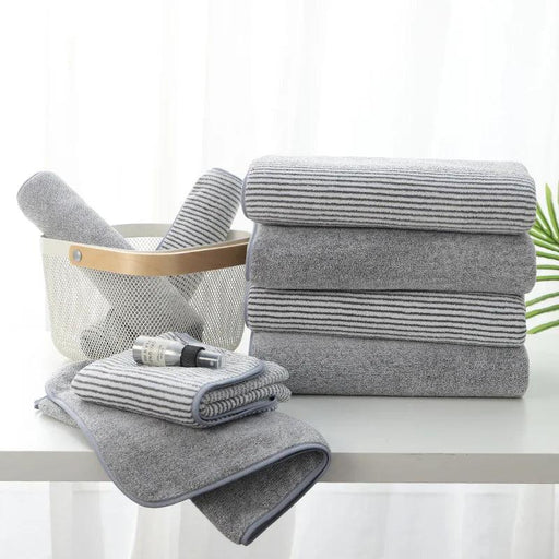 Luxurious Bamboo Coral Fleece Towel Set with Striped Design - Premium Bath and Beach Towels