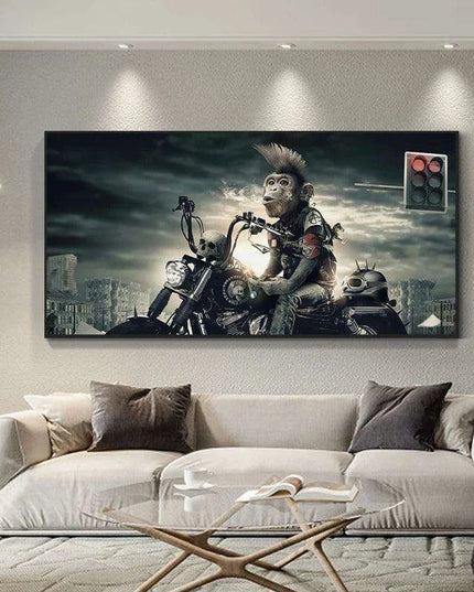 Whimsical Monkey on a Motorcycle Canvas Art - Bold and Playful Wall Decor for Unique Spaces