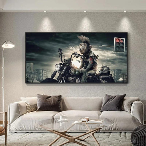 Whimsical Monkey on a Motorcycle Canvas Art - Bold and Playful Wall Decor for Unique Spaces