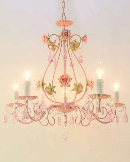 Chic Pink Crystal Pendant Light - Modern Iron Chandelier for Stylish Girls' Bedrooms and Living Areas with E14 LED Compatibility