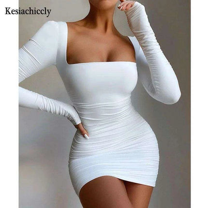 Sophisticated Autumn Pleated Bodycon Dress with Long Sleeves and Square Neck for Women by Josiaoprah