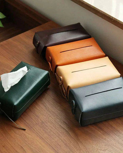 Elegant Handcrafted Leather Tissue Box with Colorful Napkin Holder Duo