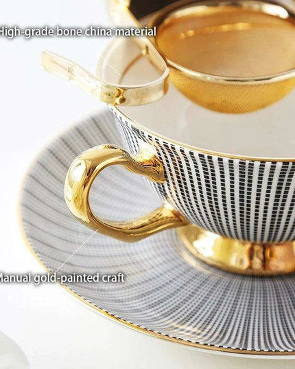 Elegant Gray Bone China Tea Set with Gold Accents - 200ml Cup, Saucer & Spoon Collection