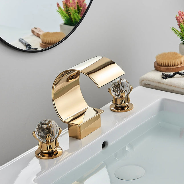 Bright Golden Waterfall Basin Faucet Dual Cristal Handle Widespread Bathroom Sink Mixer Tap Deck Mounted Bathtub Mixers Crane bright-golden-waterfall-basin-faucet-dual-cristal-handle-widespread-bathroom-sink-mixer-tap-deck-mounted-bathtub-mixers-crane