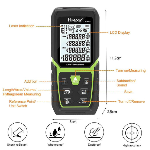 330Ft High-Precision Laser Distance Measure with Backlit LCD, Rechargeable Battery, and Integrated Angle Sensor